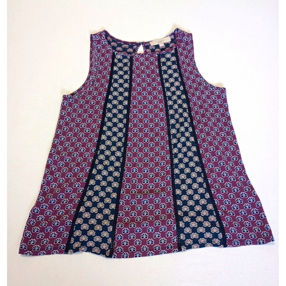 LOFT Floral Geometric Sleeveless Blouse Tank Top Keyhole Back lightweight
